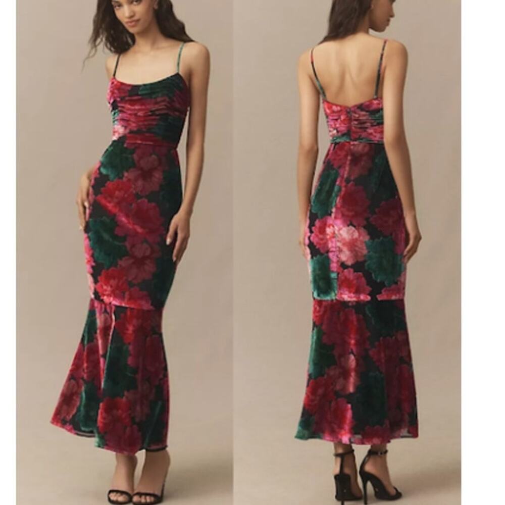 Anthropologie Hutch Tylia Floral Velvet Ruched Maxi Dress 10 NWT Wedding Guest
